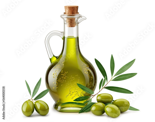 Delicious olive oil in a glass bottle and green olives with leaves, isolated on white background. Based on Generative AI
