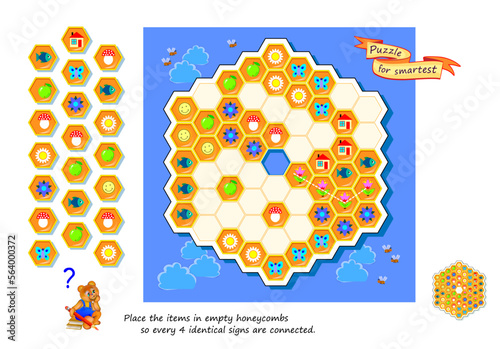 Logic puzzle for children and adults. Place the items in empty honeycombs so every 4 identical signs are connected. Educational game. Kids brain teaser book. Developing counting skills. Play online.