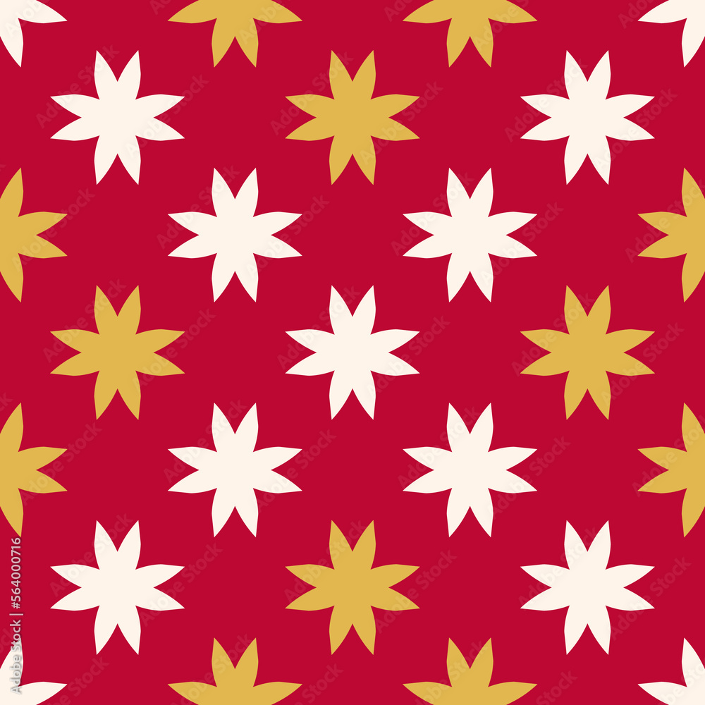 Abstract floral seamless pattern. Vector ornamental background with simple geometric flowers, yellow and beige silhouettes on red backdrop. Elegant texture. Repeat design for fabric, wallpapers Abstract floral seamless pattern. Vector ornamental background with simple geometric flowers, yellow and beige silhouettes on red backdrop. Elegant texture. Repeat design for fabric, wallpapers