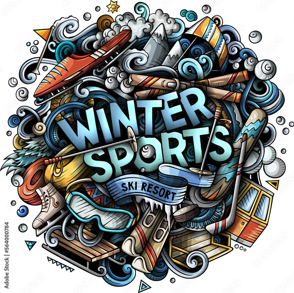 Winter Sports detailed lettering cartoon illustration