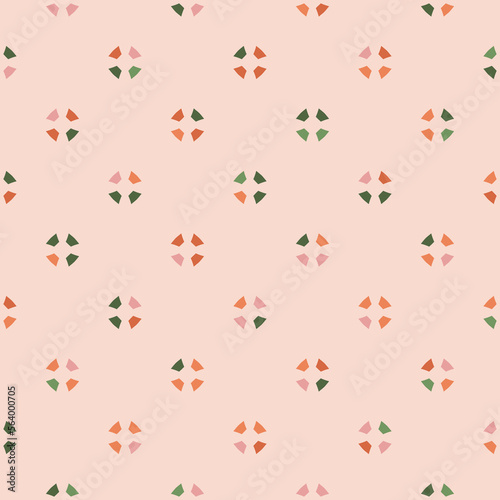 Simple geometric floral pattern. Vector minimalist seamless texture with small flower shapes. Abstract minimal geo background in pink, orange and green colour. Retro vintage style. Repeated design