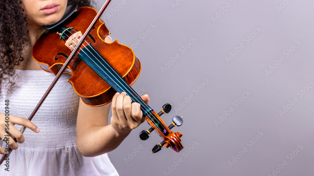 Classical music concept. Copyspace. Young girl plays violin on grey background. - obrazy, fototapety, plakaty 
