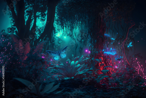 avatar pandora planet at night, neon glowing insects flying in jungle, glowing dots at plants and trees photo