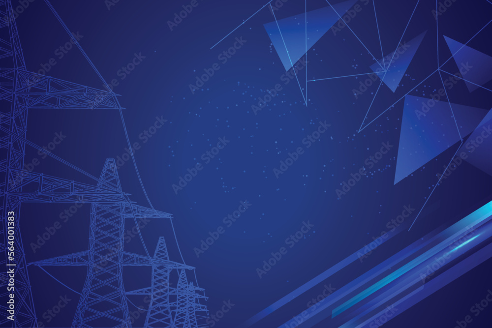 Vector concept illustration, on dark blue background, line of electric pylons, symbol of electricity, modernization and progress.