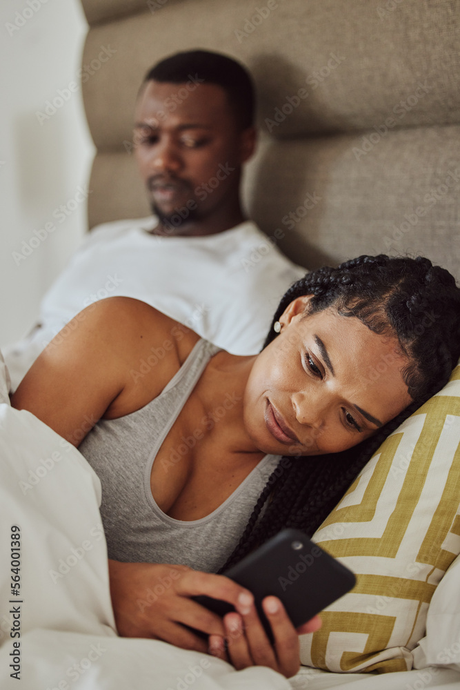 Obraz premium Couple in bed, black woman with smartphone and nosy man, cheating and suspicion for affair, unfaithful and infidelity. Partners in bedroom, male and female with cellphone, chatting and jealous guy