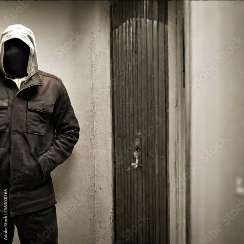 suspiciously looking masked hooded man looking like steaking out a prospective burglary or other target