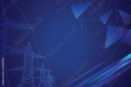 Vector concept illustration, on dark blue background, line of electric pylons, symbol of electricity, modernization and progress.