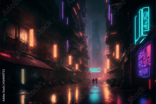 Night city Cyber punk landscape concept. Light glowing on dark scene. Night life. Technology network for 5g. Beyond generation and futuristic of Sci-Fi Capital city and building scene. Generative AI.