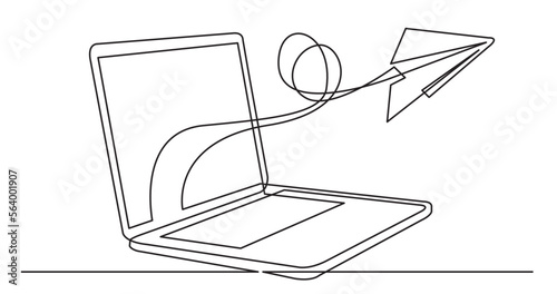 continuous line drawing vector illustration with FULLY EDITABLE STROKE of laptop computer with paper plane as business concept of startup
