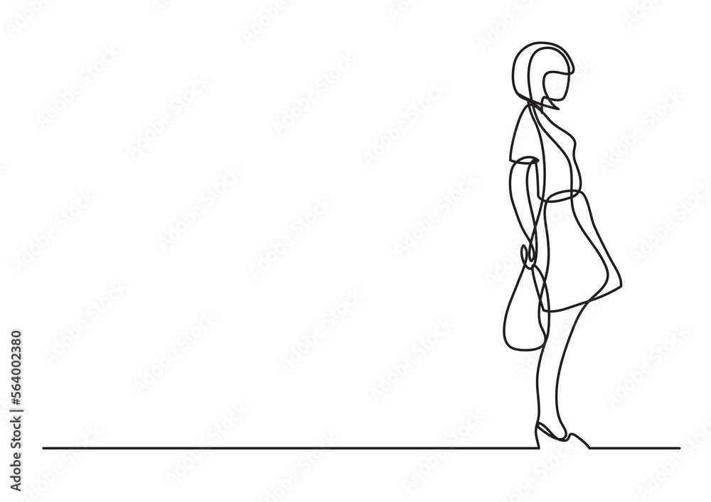 continuous line drawing vector illustration with FULLY EDITABLE STROKE of lonely standing girl continuous line drawing vector illustration with FULLY EDITABLE STROKE of lonely standing girl