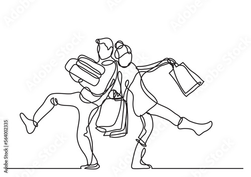 continuous line drawing vector illustration with FULLY EDITABLE STROKE of happy couple with holiday gifts