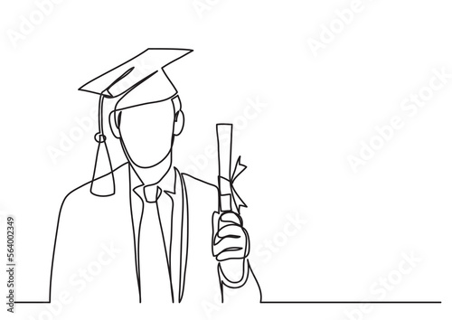 continuous line drawing vector illustration with FULLY EDITABLE STROKE of happy graduate with diploma