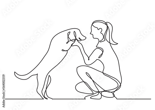 continuous line drawing vector illustration with FULLY EDITABLE STROKE of happy pet lover with dog