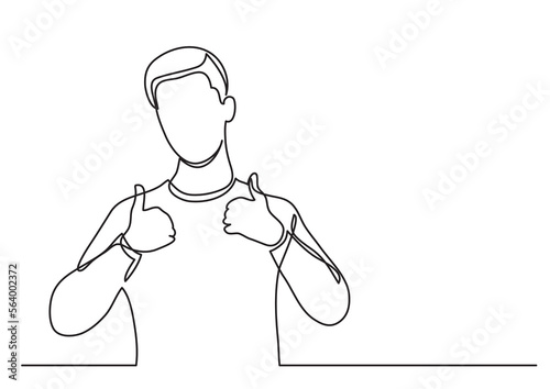 continuous line drawing vector illustration with FULLY EDITABLE STROKE of happy young man showing thumb up