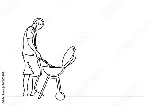 continuous line drawing vector illustration with FULLY EDITABLE STROKE of man grilling barbeque