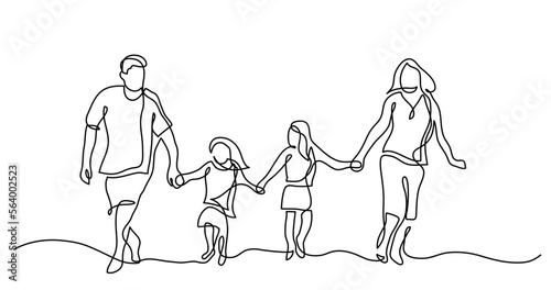 continuous line drawing vector illustration with FULLY EDITABLE STROKE of of happy healthy family walking together on sunny day