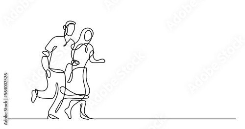 continuous line drawing vector illustration with FULLY EDITABLE STROKE of of happy healthy man and woman running together on beach