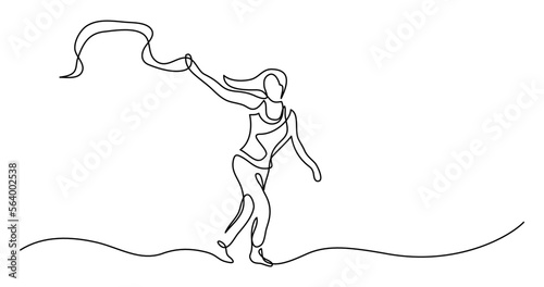 continuous line drawing vector illustration with FULLY EDITABLE STROKE of of happy healthy woman playing with scarf on windy beach