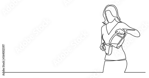 continuous line drawing vector illustration with FULLY EDITABLE STROKE of of woman pouring coffee in cup