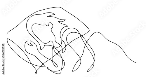 continuous line drawing vector illustration with FULLY EDITABLE STROKE of of woman sleeping on pillow in bed at night