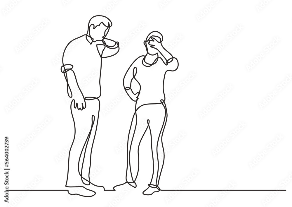 continuous line drawing vector illustration with FULLY EDITABLE STROKE of standing couple frustrated continuous line drawing vector illustration with FULLY EDITABLE STROKE of standing couple frustrated