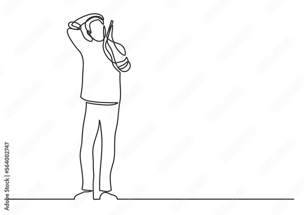 continuous line drawing vector illustration with FULLY EDITABLE STROKE of standing frustrated man talking on phone continuous line drawing vector illustration with FULLY EDITABLE STROKE of standing frustrated man talking on phone