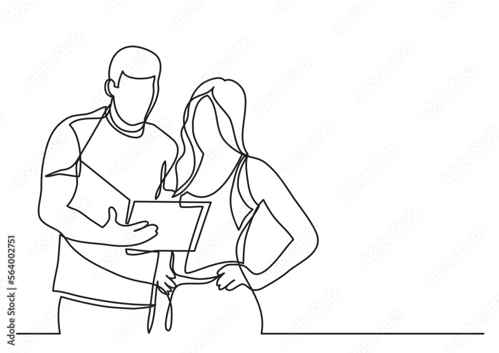 continuous line drawing vector illustration with FULLY EDITABLE STROKE of standing man and woman discussing paperworks