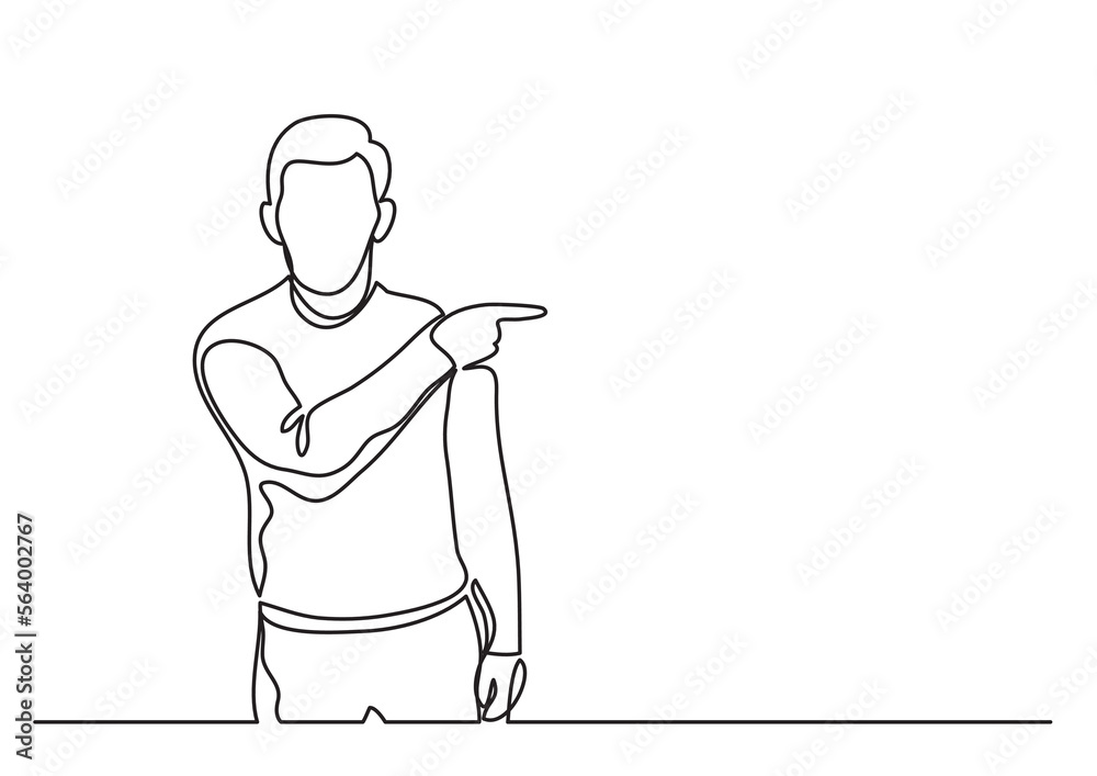 continuous line drawing vector illustration with FULLY EDITABLE STROKE of standing man pointing