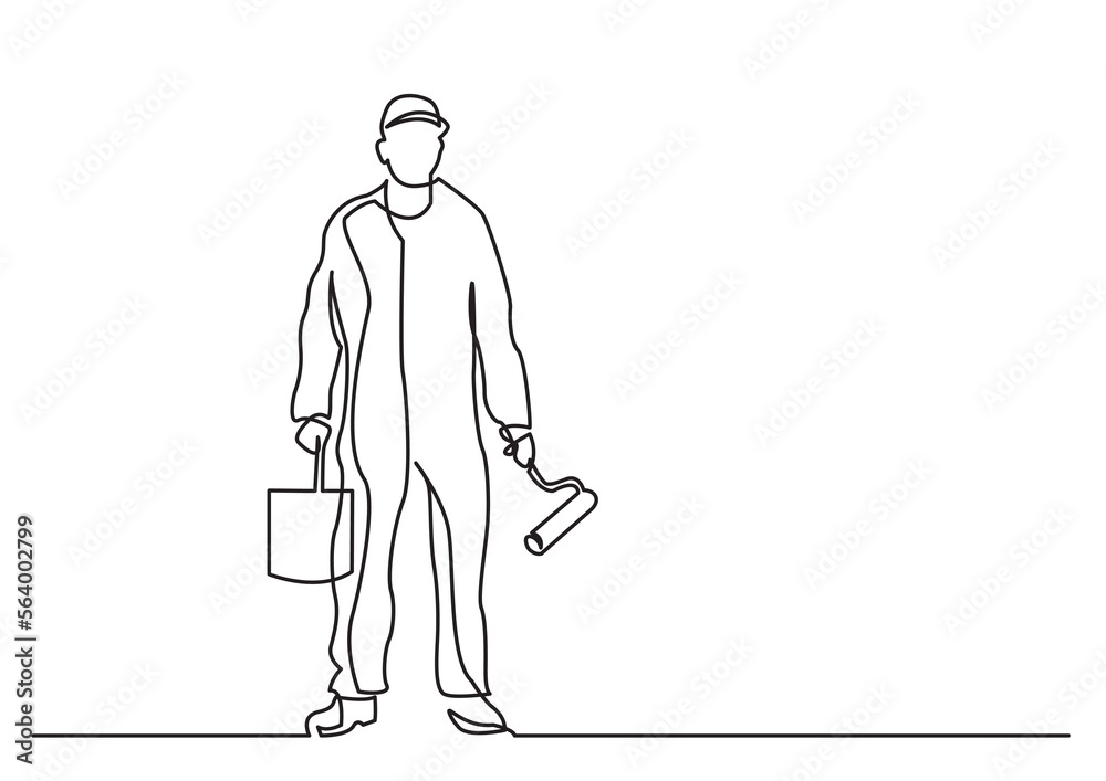 continuous line drawing vector illustration with FULLY EDITABLE STROKE of standing painter