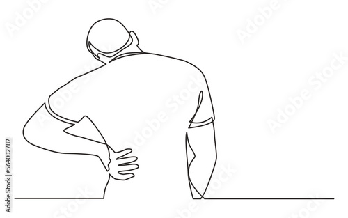 continuous line drawing vector illustration with FULLY EDITABLE STROKE of standing man suffering from back pain