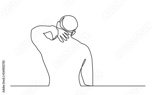 continuous line drawing vector illustration with FULLY EDITABLE STROKE of standing man suffering from neck pain