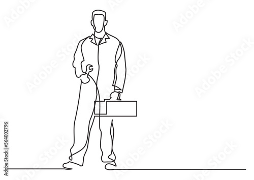 continuous line drawing vector illustration with FULLY EDITABLE STROKE of standing mechanic