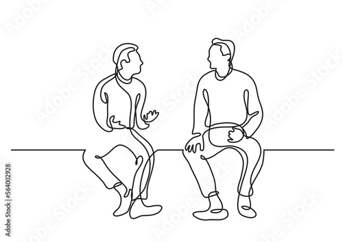 continuous line drawing vector illustration with FULLY EDITABLE STROKE of two sitting men talking