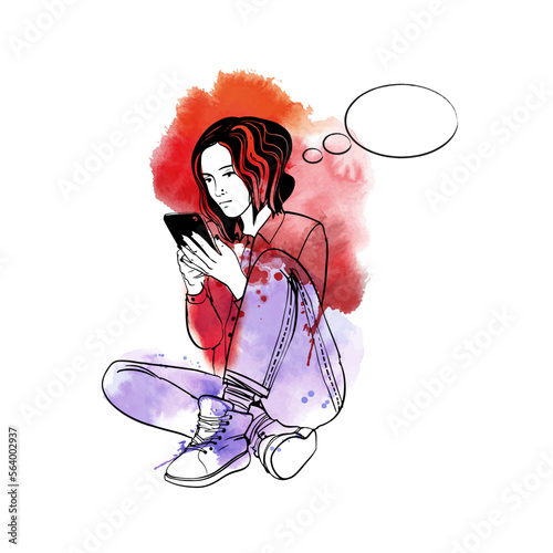 A teenage girl sitting on the floor watching a smartphone and crying.