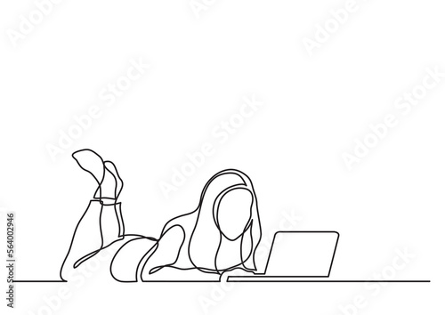 continuous line drawing vector illustration with FULLY EDITABLE STROKE of woman lying with laptop