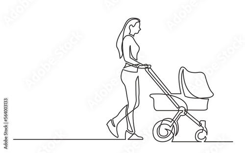 continuous line drawing vector illustration with FULLY EDITABLE STROKE of young woman walking with baby stroller