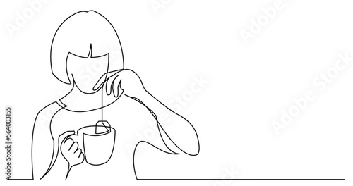 contiuous line drawing of young woman making tea holding tea bag and mug