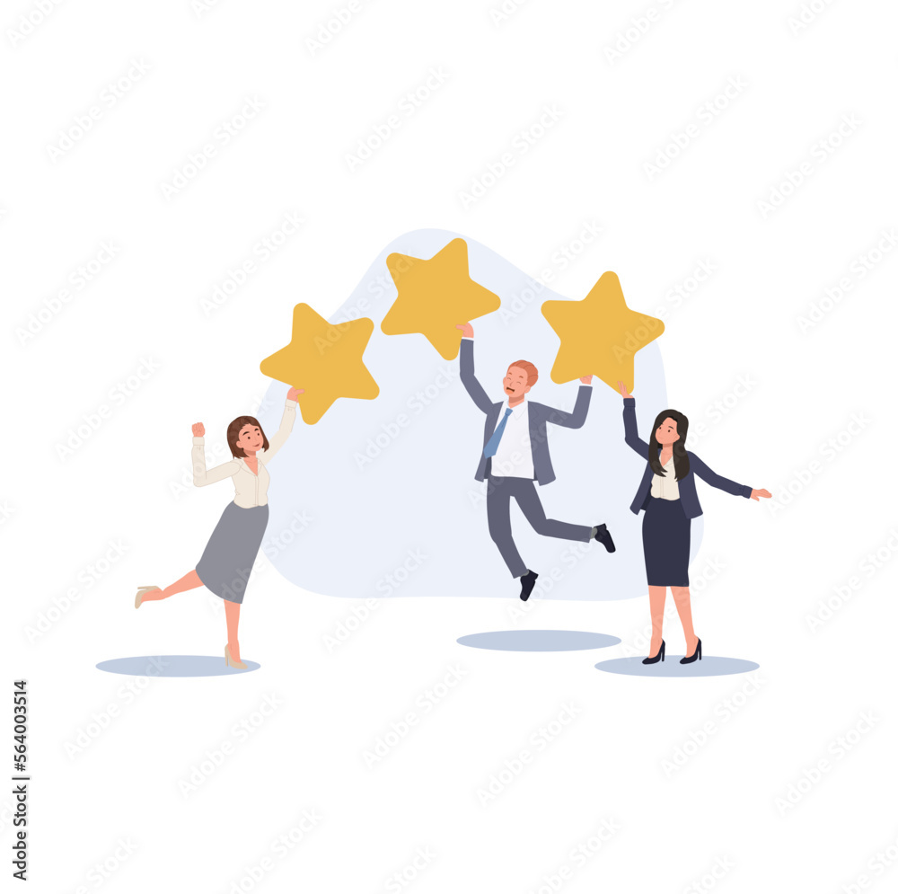 Fototapeta premium People are holding stars, giving five star Feedback. satisfaction rating. Feedback, review evaluation.