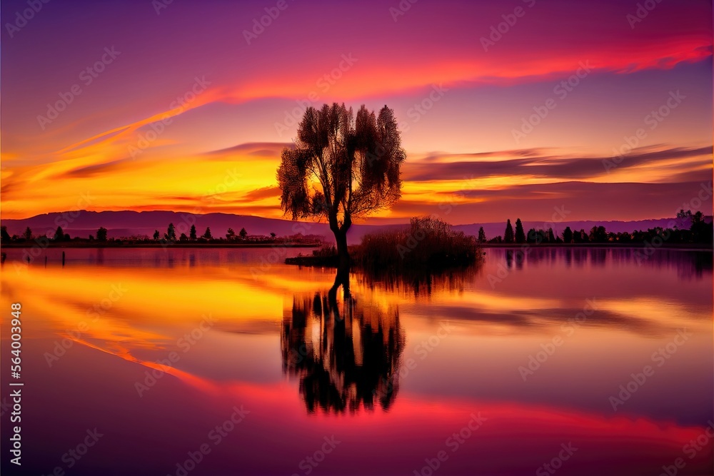 Sunset on the lake. Colorful Sky