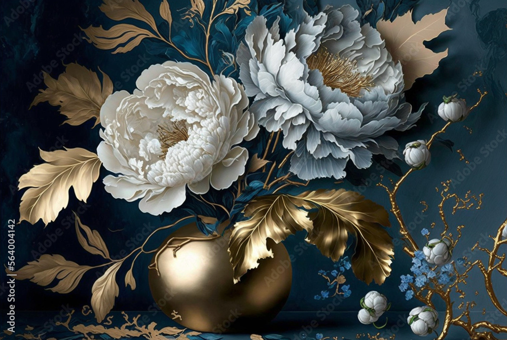 A wallpaper of a rococo blooms flowers dreamy intricate details pastel scheme blue gold  tone fantasy fairytale aesthetic rococo luxurious style background,generative ai. - obrazy, fototapety, plakaty 