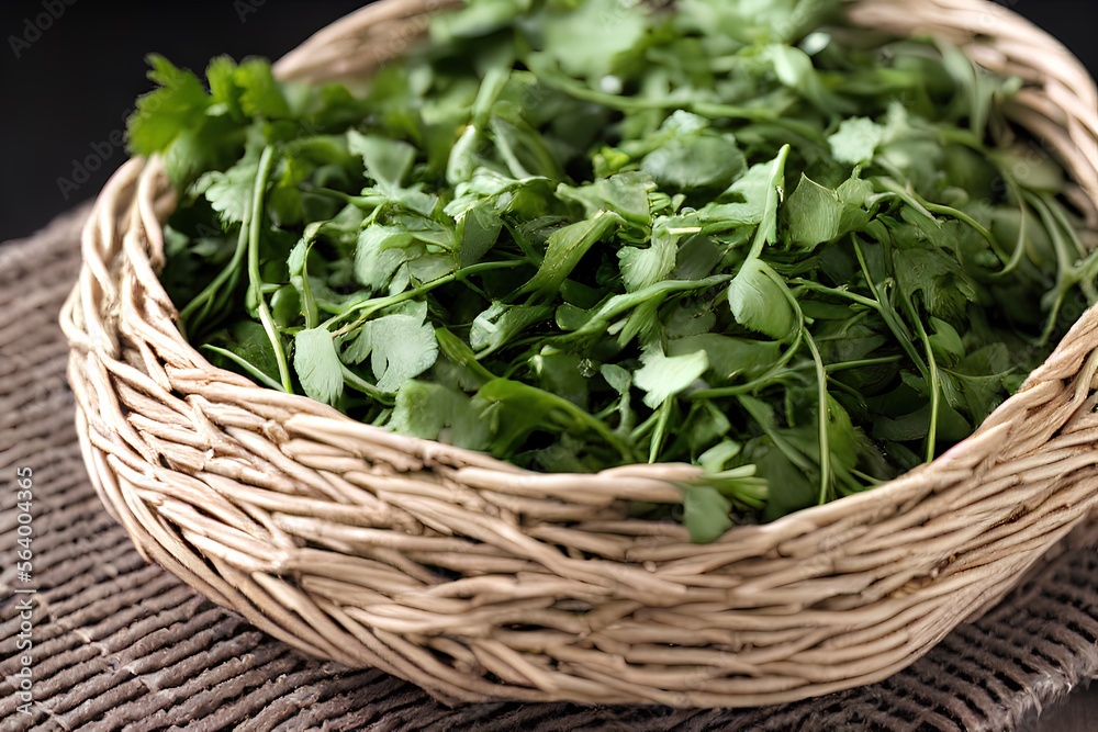cilantro leaves - coriander in a wicker basket cilantro leaves - coriander in a wicker basket