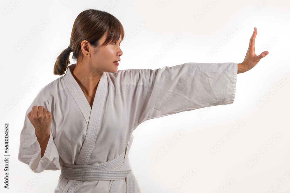Young Chinese woman practicing kun-fu exercises Young Chinese woman practicing kun-fu exercises