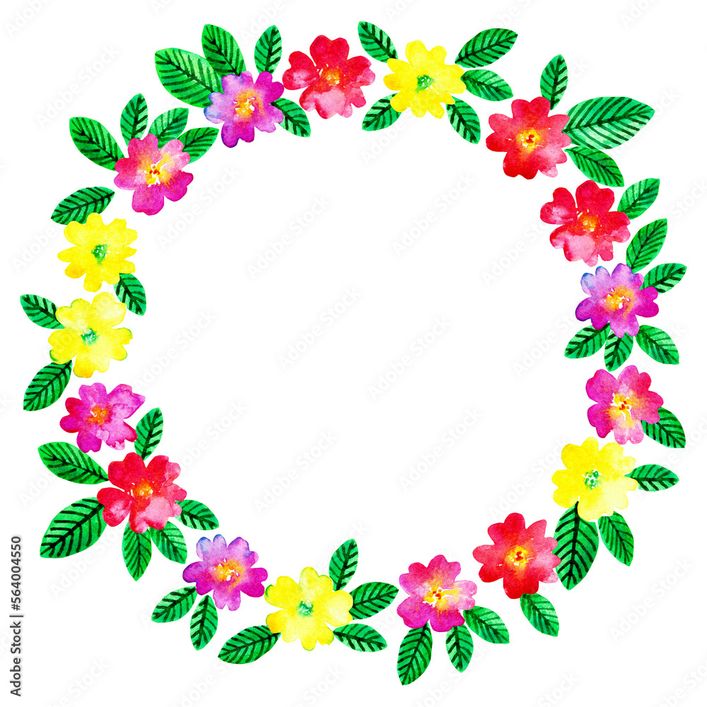 Spring season wreath with red, pink, yellow flowers primrose and leaves