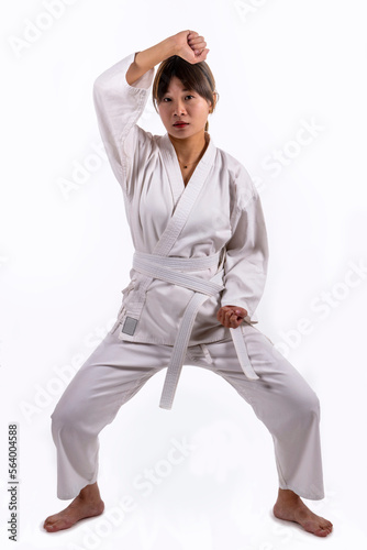 Young Chinese woman practicing kun-fu exercises