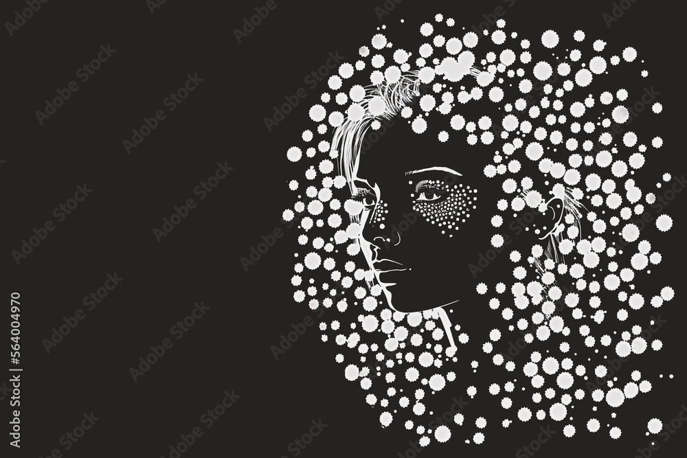 Abstract black and white dot art in the shape of a woman's face - Generative AI Abstract black and white dot art in the shape of a woman's face - Generative AI