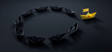 Circle of black paper boats with one golden individual going in upward direction - 3D illustration
