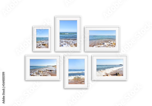  Frames collage isolated on white, sea view posters, interior design decor
