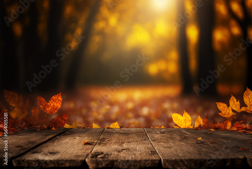 Autumn Table - Orange Leaves And Wooden Plank At Sunset In Defocused Forest background,generative ai. © Nokhoog