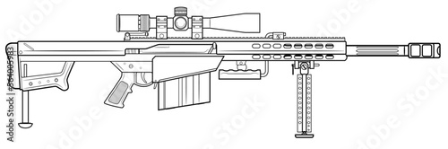 Vector illustration of the Barret M82 semi-automatic anti-materiel rifle with scope and short barrel on the white background. Right side.