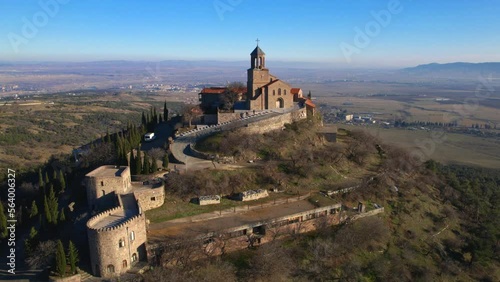Georgia, Shavnabad monastery. Monastery of St George on Mount Shavnabad in Kvemo Kartli. Aerial view from a drone flying around the monastery. The concept of shooting historical objects of Georgia photo